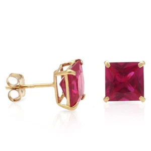 14K Yellow Gold 2Ct Princess July Birthstone Simulated Ruby Stud Earrings - Picture 1 of 3