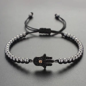 New Style Men Gold Plated Hamsa Evil Eye & 4MM Beads Braiding Macrame Bracelets - Picture 1 of 8