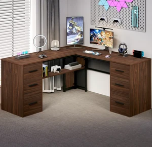 Large L Shaped Executive Desk with Drawers Brown Office Desk Home Computer Desk - Picture 1 of 9