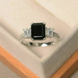 2Ct Emerald Lab Created Black Solitaire Engagement Ring 14k White Gold Plated - Picture 1 of 4