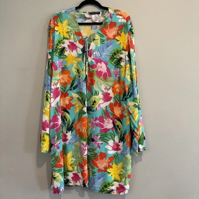 La Blanca 多色花卉遮盖海滩连衣裙热带口袋 3X — 第 1/4 张图片