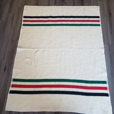 VTG Biederlack of the Americas Cream Blanket w/ Black Red Green Stripe - Image 1 of 4