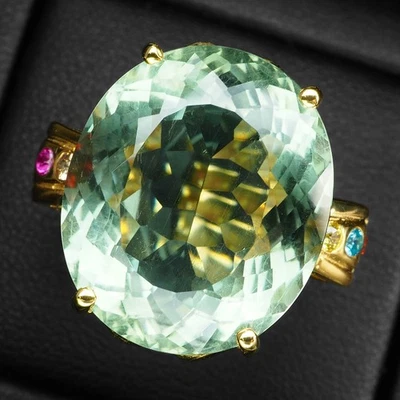 Glitzy Light Green Tourmaline 19.95Ct 925 Sterling Silver 24K Gold Ring Size 6.5 - Image 1 of 4