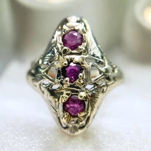 Anello cocktail vintage Art Decò oro bianco 18 kt tondo rodolite granato filigrana - Foto 1 di 7