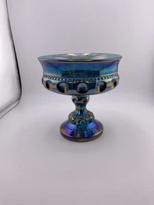 Vintage INDIANA GLAS IRISIEREND BLAU KARNEVAL GLAS KOMPOTT KÖNIGSKRONE - Bild 1 von 6