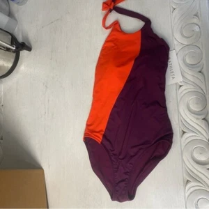 NWT Athleta Purple Orange Asymmetrical Colorblock Halter Swimsuit One-piece Sz S - Picture 1 of 8