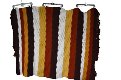 Винтажный 70-х большой крючком бабушки одеяло коричневый золотой ржавчины бахрома края 56 x 48 - Изображение 1 из 4