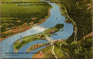 Air View Bonneville Dam Columbia River Oregon Leinen Postkarte - Bild 1 von 2