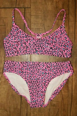 Nuevo sin etiquetas Nuevo Niñas Circo Dos Piezas Bikini Rosa Estampado Animal con Flecos Traje de Baño Talla L Foto 1 de 2