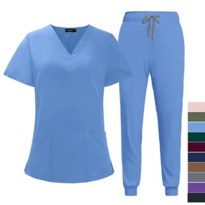 Viaoli Stretch Medical Hospital Uniform Unisex Nursing Scrub Set V-Neck & Jogger - Picture 1 of 22