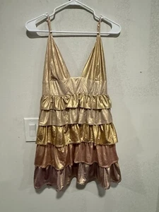 Storia Metallic Tiered Ruffle Mini Dress Sz M Gold Ombré Shimmer NWT - Picture 1 of 8