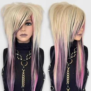 Blonde Scene Wig with Black & Pink – Layered Shag with Side Bangs, Alt Emo Hair - Picture 1 of 13
