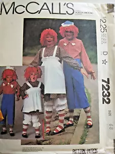 Raggedy Ann Andy Costumes CHILDS 6 8 McCalls 7232 Sewing Pattern Boy Girls VTG - Picture 1 of 8
