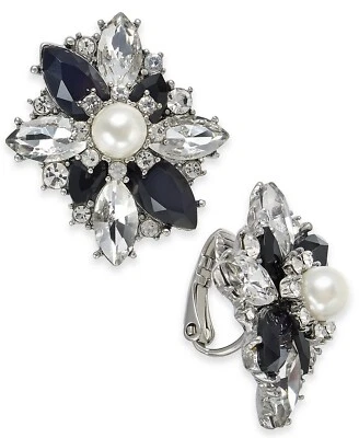 Brincos femininos Charter Club prata cristal, pedra e pérola cluster clip-on - Imagem 1 de 2
