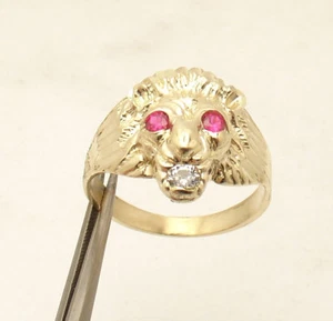 Size 11 Men's 3D Lion Head Ring Ruby Eyes Real Solid 10K Yellow Gold 5.1gr - Picture 1 of 4