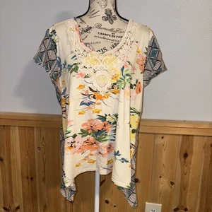 Sundance Damen Top Large Beige Blumen Boho Spitze U-Ausschnitt Kurzarm - Bild 1 von 5
