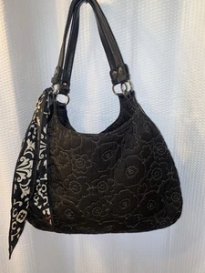 THIRTY ONE Large Black Purse Hobo Hand Diaper Bag Quilted Poppy Floral w/scarf - Picture 1 of 20