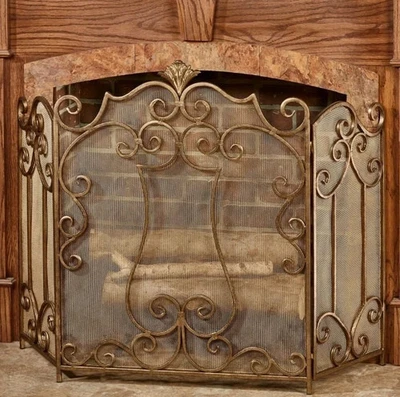 Esmeralda Pantalla de Chimenea de Metal de Inspiración Antigua 3 Paneles Protector Decorativo Dorado Foto 1 de 3