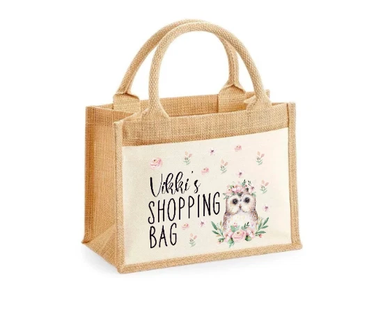Personalised XL Jute Bag Shopping Bag Floral Owl Mum Nan Granny Friend Xmas Gift - Image 1 of 1