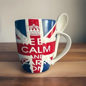 Keep Calm And Carry On Mug Tea Spoon Ceramic Coffee Cup British Flag Gift UK - Picture 1 of 5