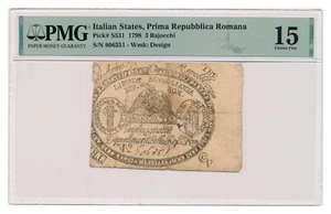 ITALIAN STATES (REPUBLICA ROMANA) banknote 3 Bajocchi 1798 PMG F 15 Choice Fine - Picture 1 of 7