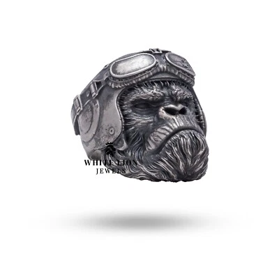 Monkey Chimpanzee Biker Rider Ape Early Human Men Ring Birthday Gift - Image 1 of 4