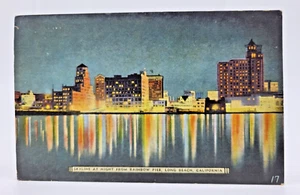 Vintage Postkarte Nacht Skyline vom Rainbow Pier, Long Beach, Kalifornien 1952 - Bild 1 von 2