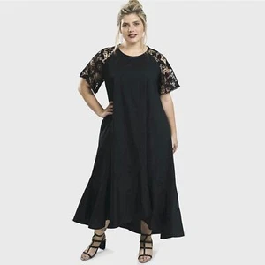Alembika Exquisite Swing Dress Black Maxi Lace Short Sleeves Pockets Sz 4-6 US - Picture 1 of 12