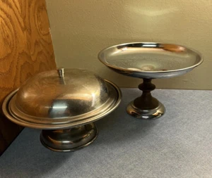 2 Chrome Metal Pedestal smaller Serving bowls, 1 w/ cover, American Metalcraft - Picture 1 of 9