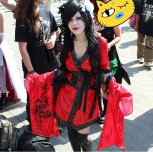 Lack Kimono red black S+Korsett+Platform Plateau 36/37 Geisha cosplay visual kei - Bild 1 von 8