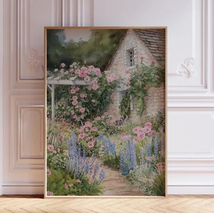 Rosa Aquarell Blumen Cottagecore Bauernhaus Blumengarten Wandkunstdruck Poster - Bild 1 von 5