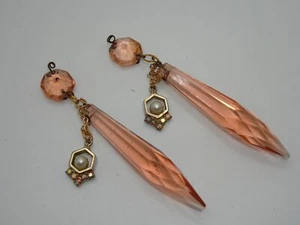 ANTIQUE PAIR 1930'S PINK CRYSTAL FACETED BRIOLETTE PRISMS! 3 1/4" - Picture 1 of 6