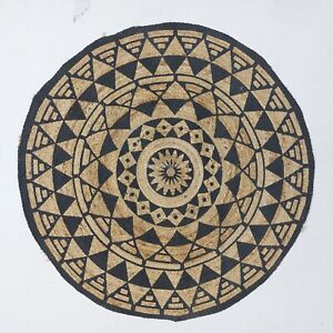 Black round jute rug with circle designs handmade area rug, floor carpet/mat