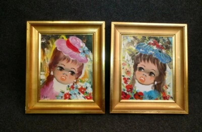 Lot de 2 Portraits signés NICO SLAMA jeune Fille au chapeau et bouquet - Photo 1/4