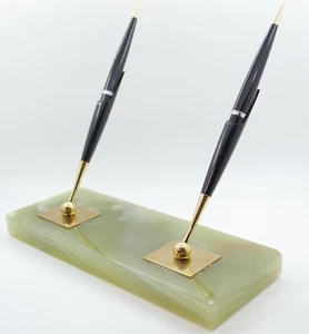 Parker 45 Double Black w/Green Onyx Fountain Pen Desk Set - 1 F, 1 M Nib - 1950s - Picture 1 of 6