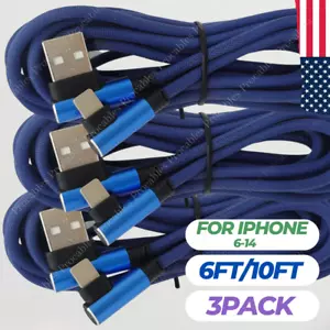 3Pack 6ft 10ft 90 Degree Right Angle USB Charger Cable For iPhone Charging Cord - Picture 1 of 8
