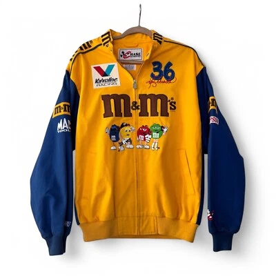 Vintage NASCAR M&M’s Ken Schrader #36 Racing Jacket Size Medium Yellow Blue - Image 1 of 4