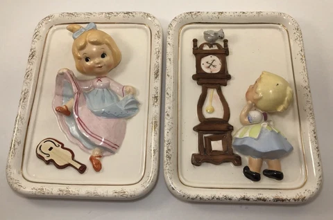 Vintage Girl Wall Plaque Set Of 2 Decor 3-D Figural Japan Nursery Mouse Cover