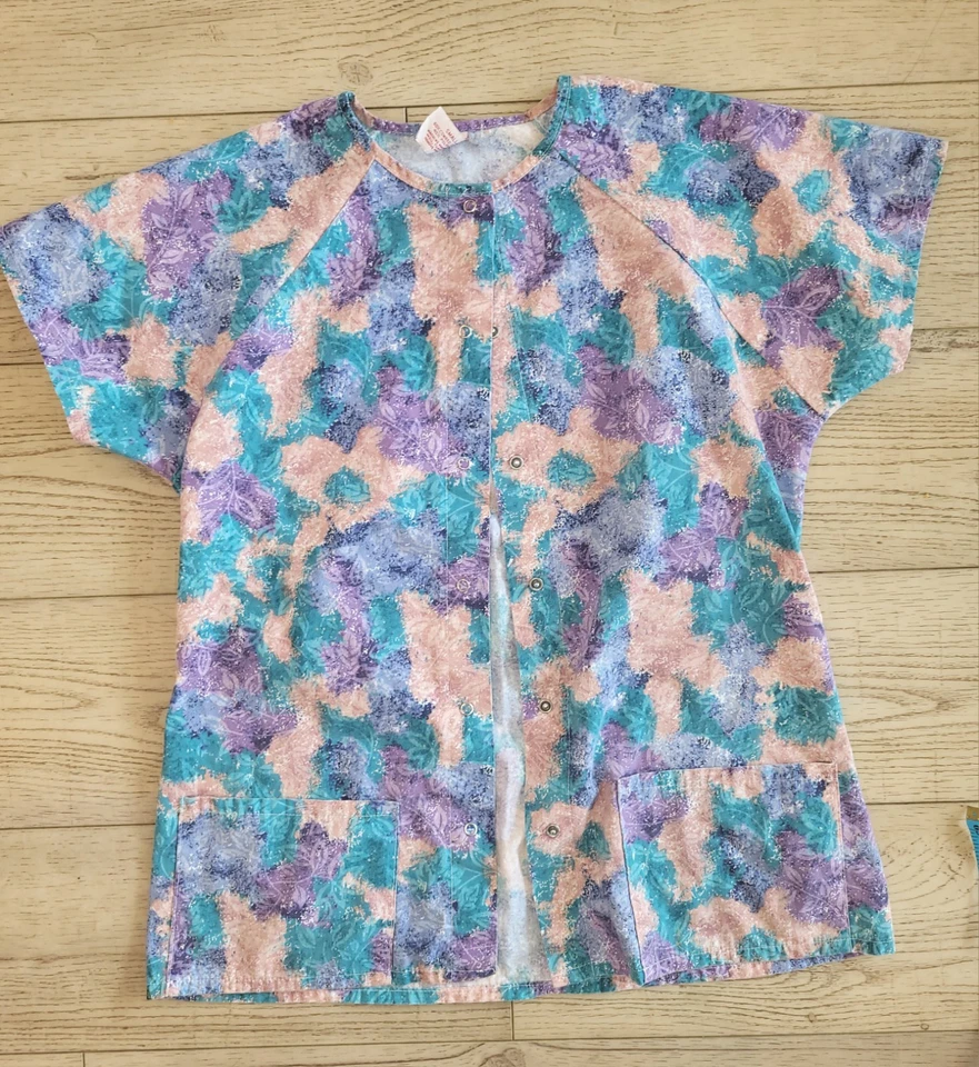 Midline Scrub Top Shirt Size S Small Short Sleeve Pockets Snap Cotton Blend - Image 1 of 4