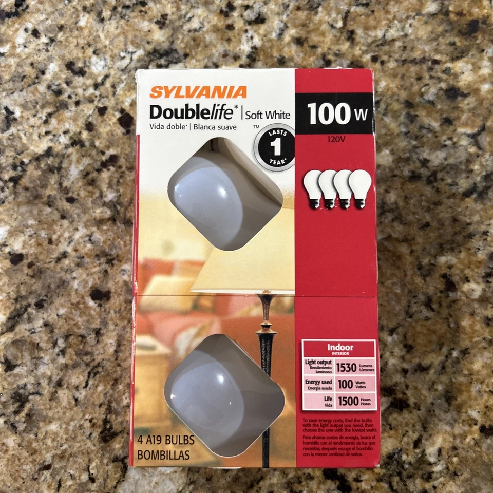 New Sylvania 100W Soft White Double Life A19 Light Bulbs 4-Pack - Image 1 of 1