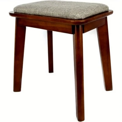 Vanity Stool Walnut Framed Dark Grey Fabric Padded Cushioned Makeup Seat - Image 1 of 4