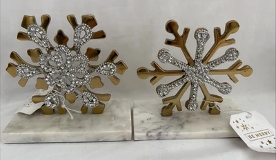 Lot Of 2 Gold Metal And Rhinestone Snowflake On White Marbled Base W Orig Tags - Image 1 of 4