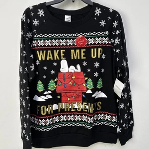 Peanut Snoopy Wake Me Up Ugly Maglione di Natale, Illuminato, Nero, Donna Large - Foto 1 di 10