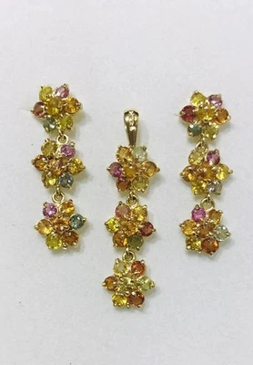 Juego de pendientes colgantes y colgantes de oro amarillo macizo de 12K zafiro redondo multicolor 6,7 Foto 1 de 4
