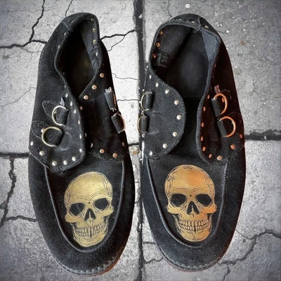 T.U.K. Women's 11 Men's 9 Black Suede Leather Gold Skull Studded D-Ring Creeper - Image 1 of 4