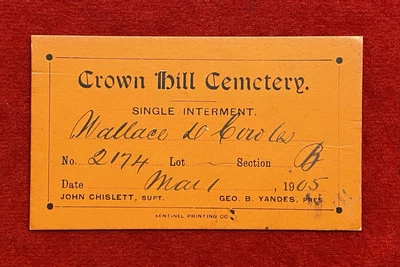 1905 **CROWN HILL CEMETERY** SINGLE-INTERMENT (GEO. B. YANDES, PRES) IND. CARD! - Image 1 of 4