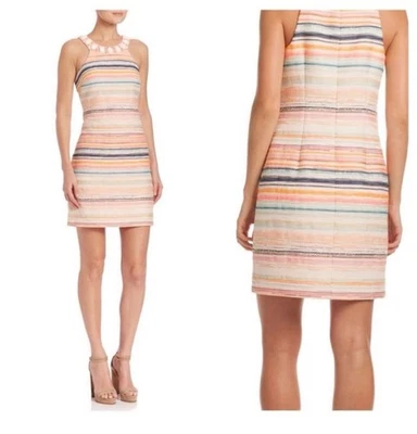 Trina Turk Dress Aptos Jacquard Beaded Neckline Cocktail Striped Womens Size 14 - Image 1 of 4