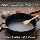 2pcs Deep Cast Iron Skillet with 2 Handles and Shovel, Flat Bottomed Frying Pan
