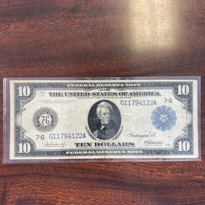 1914 10 $ Federal Reserve Schein Large Size 7-G Chicago Blue Seal, Nice Note - Bild 1 von 2