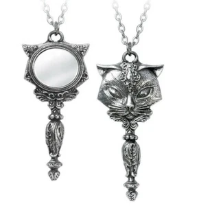 Alchemy Gothic Sacred Cat Vanitas Hand Mirror Fine English Pewter Pendant P889 - Picture 1 of 3